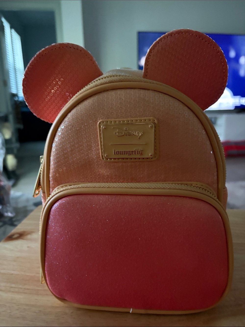 Loungefly Sequin Mouse Ear Mini Backpack - Coral Peach Gradient